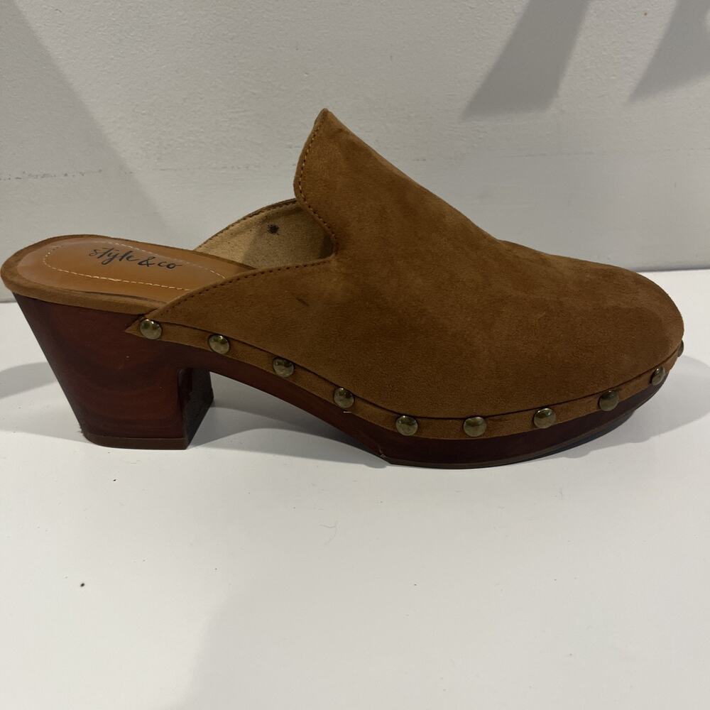 Clog Shoes Style & Co Trystan Women's 9M Brown Suede Studded Bock Heel Worn 1x - Picture 8 of 12